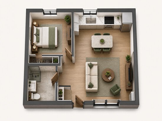 Top-down plan of a one-bedroom apartment